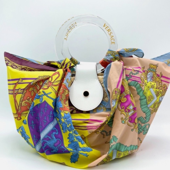 Versace *Rare* La Medusa Multicolor Scarf Woven Palm Tote w/ Crossbody Strap - Picture 3 of 16